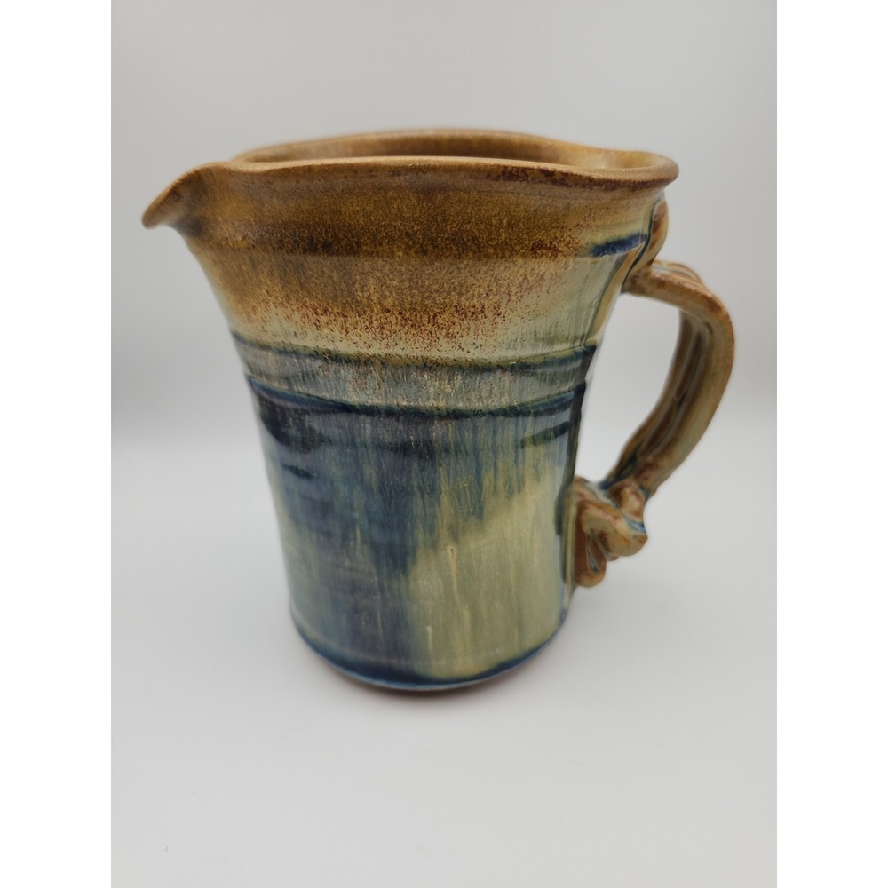 Handmade stoneware pitcher two-tone drip glaze Rustic 5" Blue and Brown